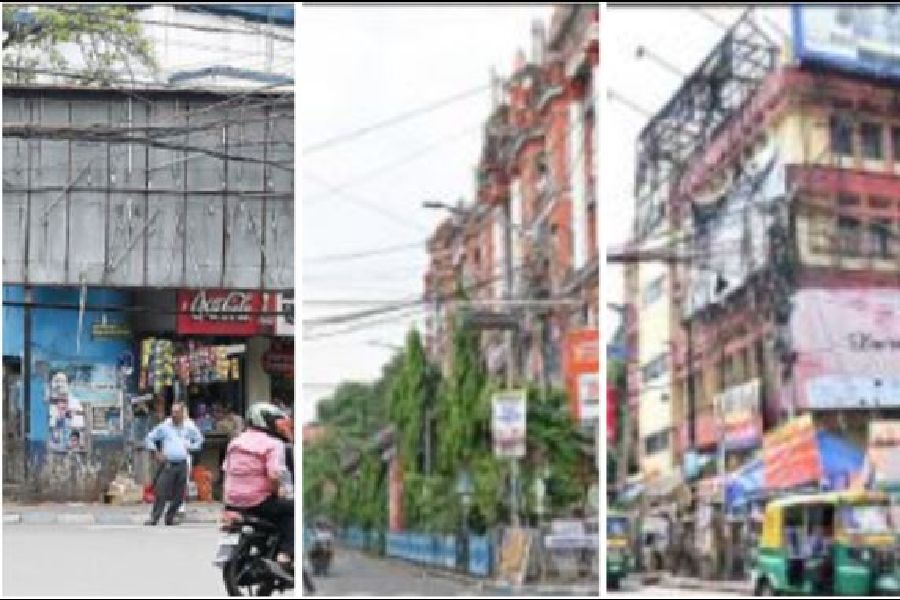 (L-R) A frame for advertisements on Theatre Road on Friday; Hanging overhead cables at the Park Street-Chowringhee crossing; Rashbehari Avenue on Friday