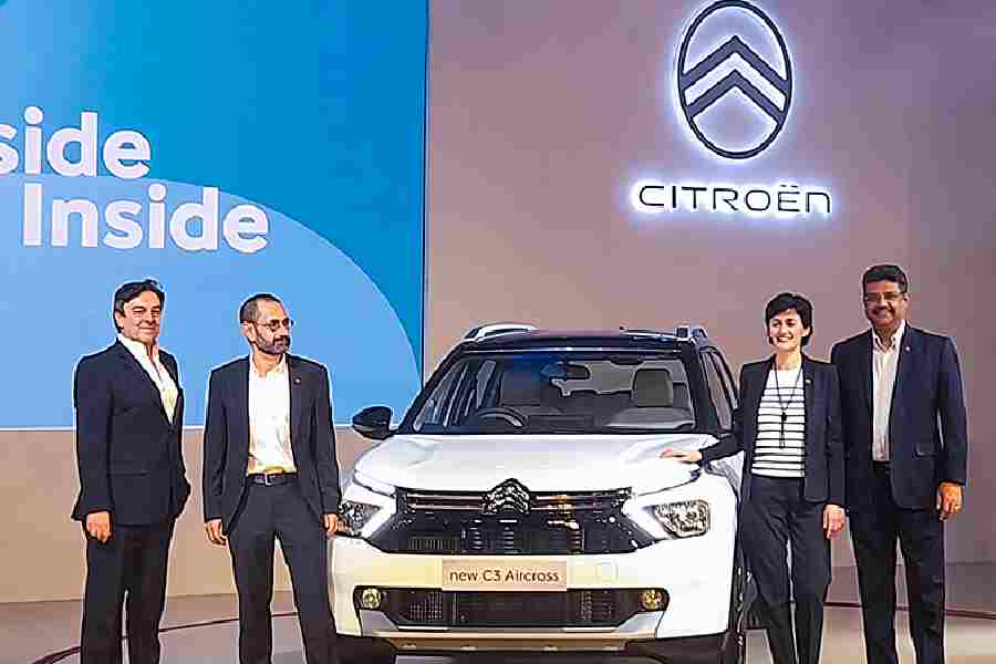 (L-R) Roland Bouchara, CEO & managing director India, Stellantis; Thierry Koskas, CEO, Citroen; Laurence Hansen, product and strategy director, Citroen; and Saurabh Vatsa, Citroën Brand Head (India), Stellantis, with the just-unveiled Citroen C3 Aircross midsize SUV that will see its commercial launch in India in the second half of this year