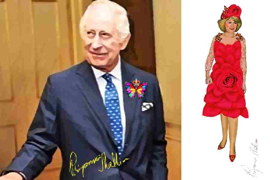 Graphic impressions of the Cosmic Butterfly Brooch on King Charles III and Queen Consort Camilla in the Eternal Rose dress designed by Priyanka Mallick