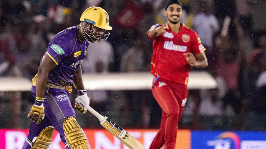 Arshdeep Singh sends Andre Russell packing during a previous meeting between KKR and PBKS