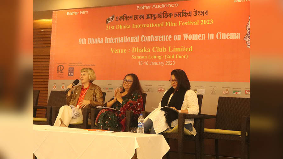 The author (right) was attending the Dhaka International Film Festival for the second time, following her first visit in 2022
