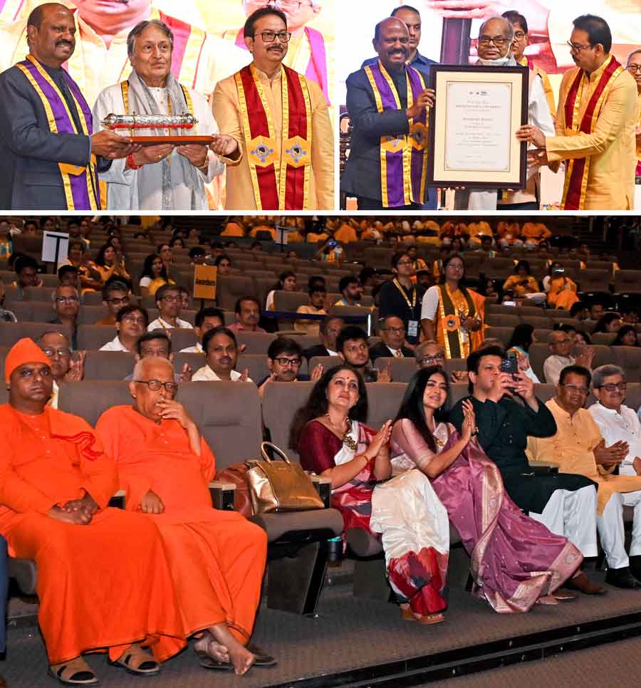 Sister Nivedita University (SNU) on Monday awarded honorary D'Litt degree to sarod maestro Amjad Ali Khan, author Manishankar Mukherjee aka Shankar and industry doyen Ratan Tata among others. Amjad Ali Khan and Shankar received the awards from West Bengal governor C.V. Ananda Bose, who was the chief guest on the occasion. Ratan Tata, however, could not be present. Amaan Ali Bangash was spotted in the audience, clicking a picture of his father. Also in the audience were with actress Gargi Roychowdhury, Sudhangshu Sekhar Dey, president of Publishers and Booksellers Guild, and Tridib Chatterjee, general secretary, Publishers and Booksellers Guild
