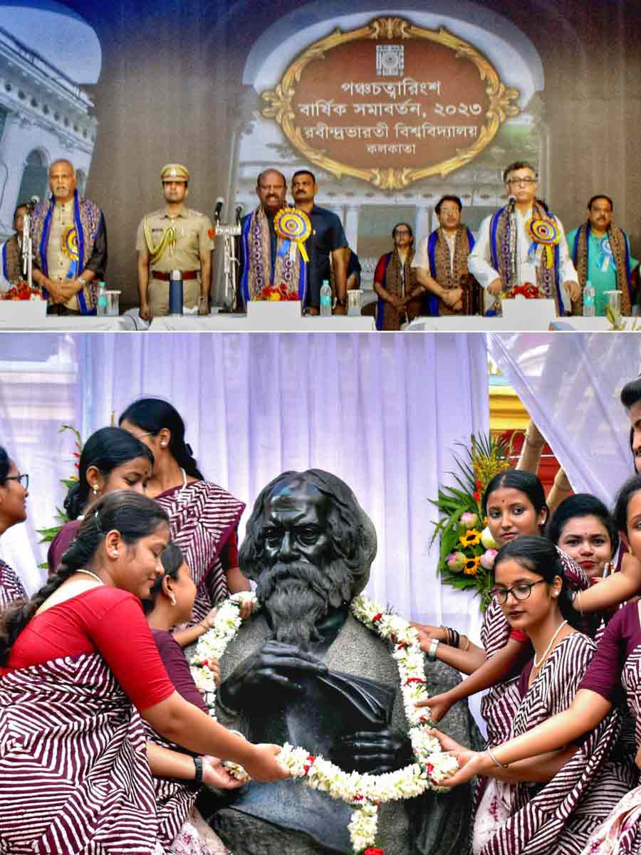 Rabindra Bharati University celebrated its 45th annual convocation on the Jorasanko Thakurbari campus on Monday. West Bengal governor C.V. Ananda Bose, who is also the university’s chancellor, was present on the occasion with vice-chancellor Nirmalya Narayan Chakraborty