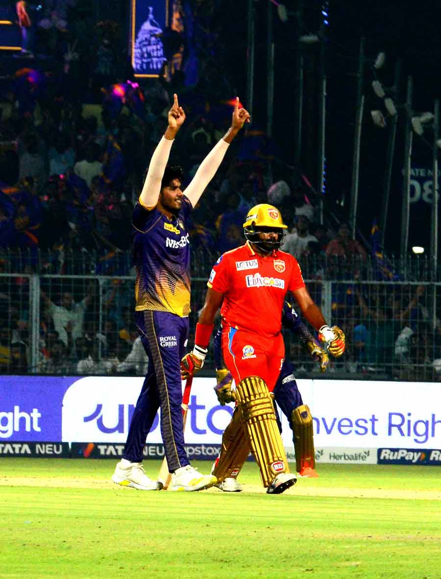 Harshit Rana rejoices as he gets Rajapaksa out for a duck during the match against PBKS at Eden Gardens on Monday. Earlier, Prabhsimran Singh struck three fours in the first over after which Harshit got him caught behind
