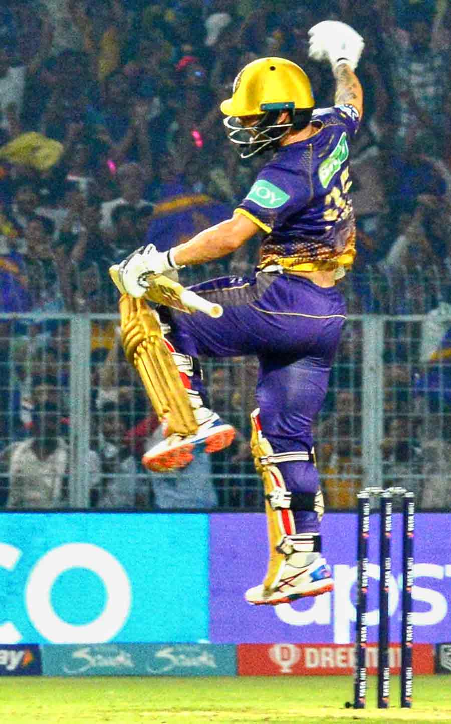 Kolkata Knight Riders defeated Punjab Kings in a nail-biting finish. KKR’s Rinku Singh finished off in style as KKR romped home in the last ball. Set to score 180 to win, KKR won by five wickets. Rinku Singh is seen celebrating after the win. Rinku remained unbeaten on 21 in 10 deliveries. He hit two boundaries and a six