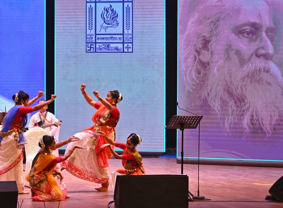Dancers perform Rabindra Nritya at a state programme at Dhono Dhanyo auditorium on Tuesday