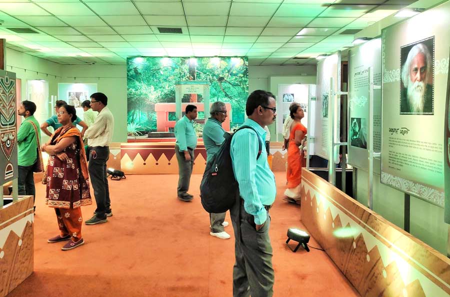 Visitors at an exhibition on Rabindranath Tagore at Gaganendra Shilpa Pradarshanshala on Tuesday evening 