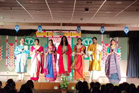 Students of Classes IV and V of Sushila Birla Girls' School enacted an extract from Tasher Desh, a dance drama by Tagore