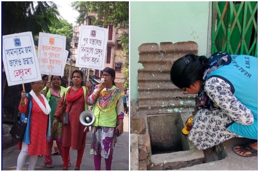 As part of their daily cleanliness drive, workers of the Kolkata Municipal Corporation (KMC) went around the city on Wednesday to spread awareness. They also sprinkled disinfectants to control the mosquito menace 