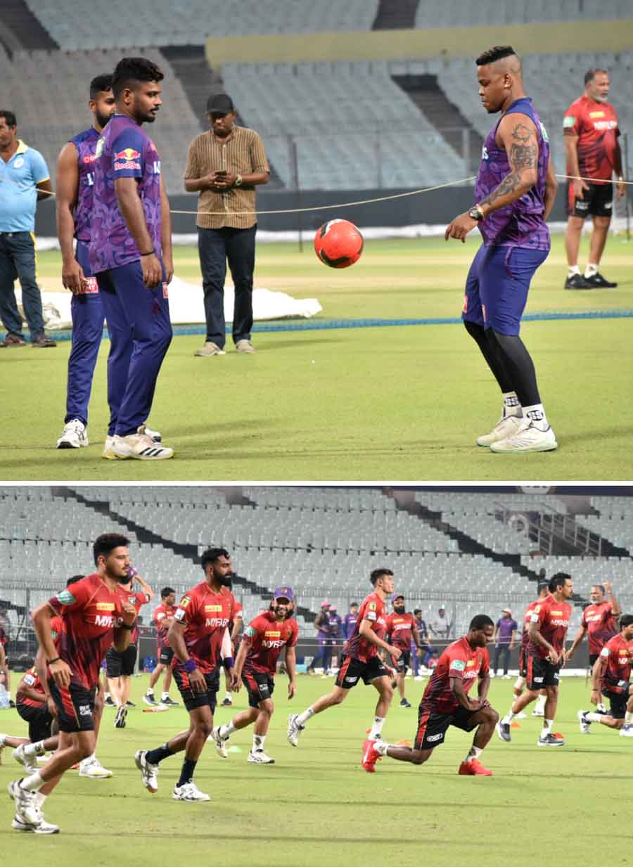 Kolkata Knight Riders (KKR) and Rajasthan Royals (RR) at the net session at the Eden Gardens ahead of their IPL match in Kolkata on Thursday. A resurgent Kolkata Knight Riders will look for their third victory in a row in their fight for survival when they face a struggling Rajasthan Royals