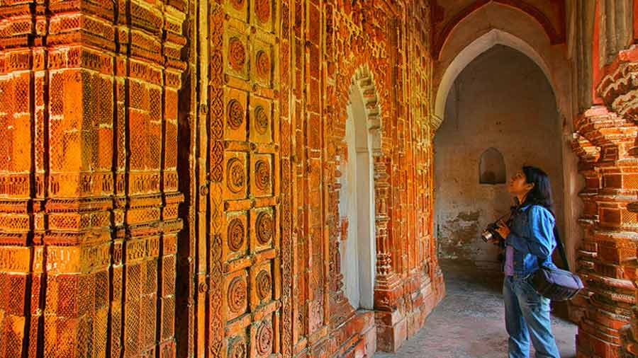 A tourist appreciating the terracotta plaques on the inner walls of the Ananta Basudev Temple