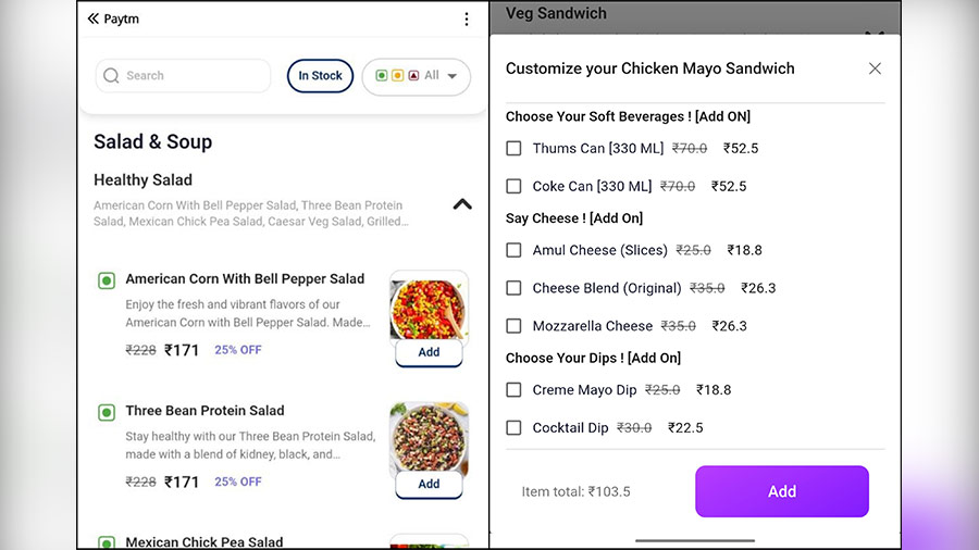 Food menu listing with customisation option