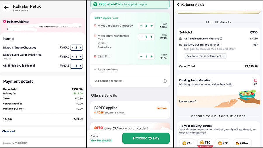 Comparison of billing details of ONDC, Swiggy and Zomato