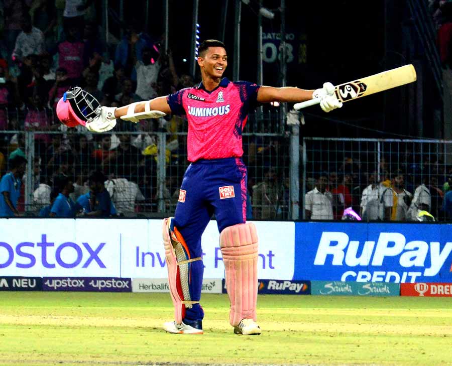 Rajasthan Royals batsman Yashasvi Jaiswal celebrates after scoring a half-century during the IPL 2023 cricket match between Kolkata Knight Riders and Rajasthan Royals at Eden Gardens in Kolkata on Thursday. Jaiswal scored his half-century in just 13 deliveries. Jaiswal hit the fastest fifty in Indian Premier League history. He remained unbeaten at 98 in 47 deliveries. He hit 13 boundaries and five sixes. Jaiswal achieved a strike rate of 208.51. Chasing 150 to win, RR reached the target in just 13.1 overs