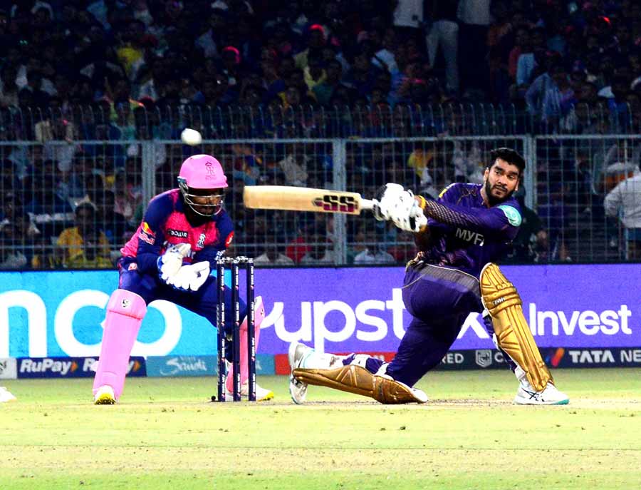 Kolkata Knight Riders batsman Venkatesh Iyer plays a shot during the IPL 2023 cricket match between Kolkata Knight Riders and Rajasthan Royals at Eden Gardens in Kolkata on Thursday. Venkatesh was the pick of KKR’s batting line up as he scored an impressive 57 runs in 42 balls. He hit two boundaries and four sixes. Rinku Singh failed to click on Thursday and scored a mere 16 in 18 deliveries. His inning was laced with only one sixer. Earlier, Roy and KKR captain Nitish Rana failed to impress too