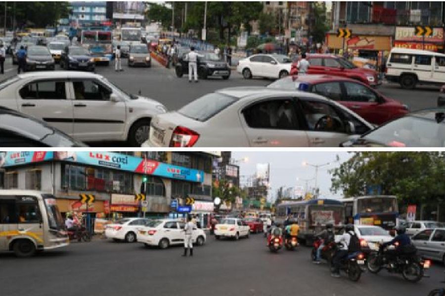 Science City-bound traffic from Salt Lake Bypass turn left in two rows at the Chingrighata intersection; (below) police officers ensure that vehicles turning left at the Chingrighata crossing go up to VIP Sweets  before merging with traffic on EM Bypass