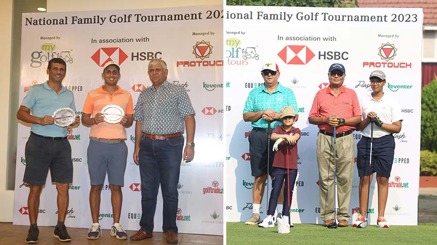 (Left) The Parent-Child category winners Ambarish and Vedant Daga with Tollygunge Club president Captain Dhir; (right) Captain Dhir with his granddaughter Tashya and Rajesh Kumar Poddar with his grandson Avyay