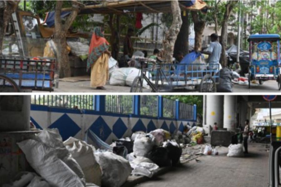 A shop dealing in scrap material on a pavement near tank number 12 near Salt Lake’s EE and FF blocks on Friday; scrap items dumped on a pavement below the East-West Metro corridor, near the Bidhannagar Municipal Sports Complex, on Friday