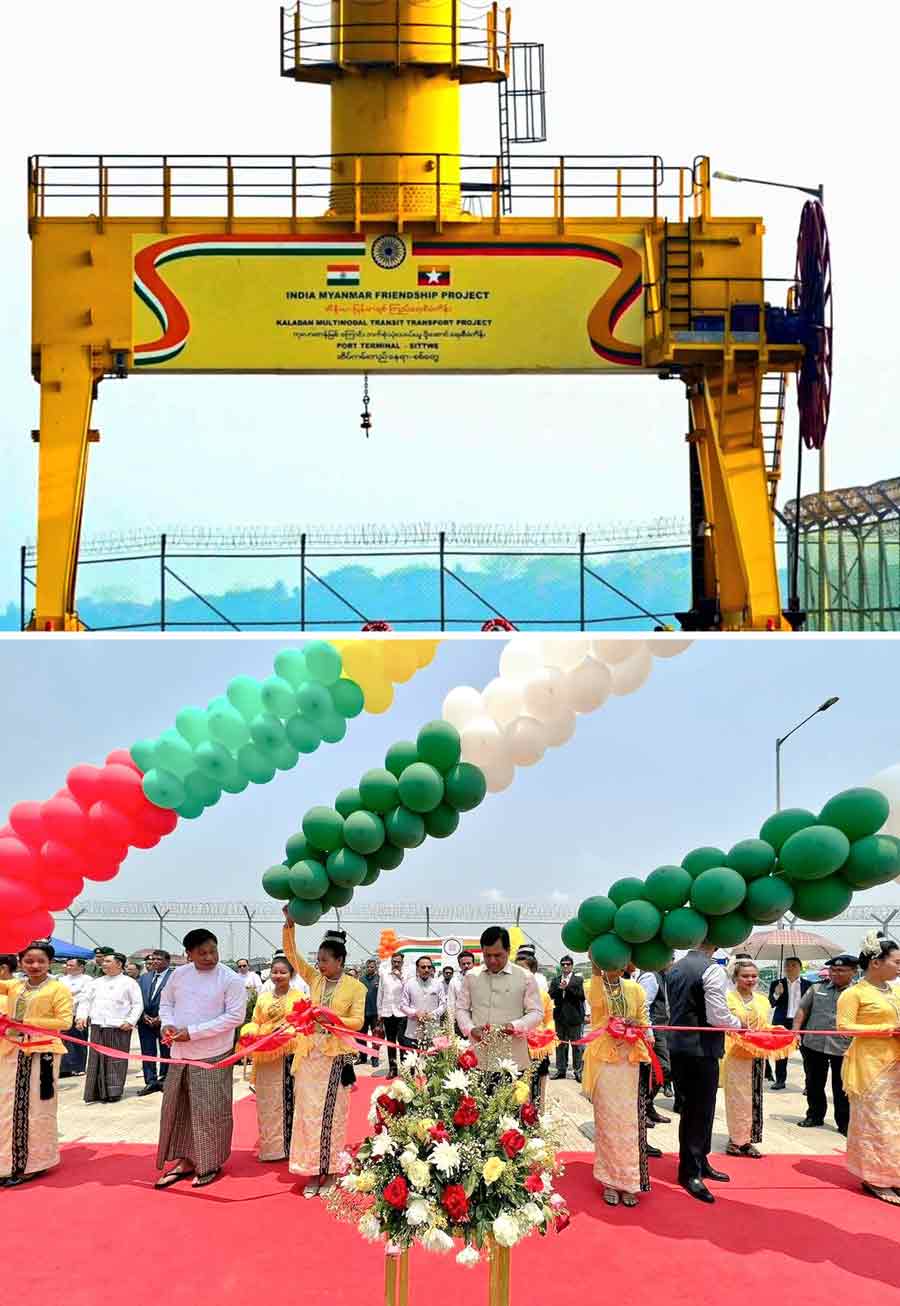 Union minister for Ports, Shipping and Waterways and AYUSH, Sarbananda Sonowal, receives the first Indian cargo ship at the Sittwe Port on Tuesday. This port will reduce 50% cost and time of transportation of goods between Kolkata and Agartala and Aizwal  