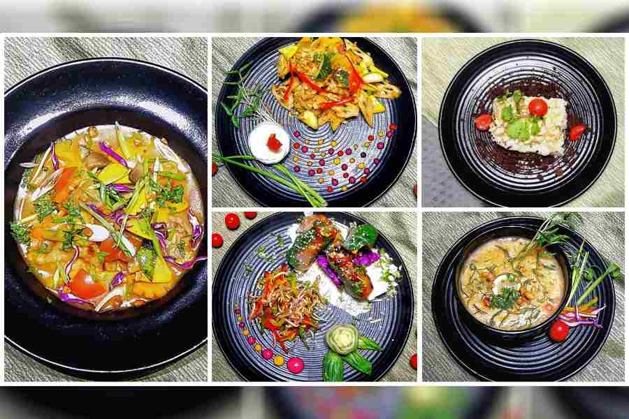 (Clockwise fom left): Spicy Lemon Grass Chicken Curry, Lotus Root Salad, Banana Tapioca pudding, Vietnamese Pho, Rice Paper Chicken Popiah Roll