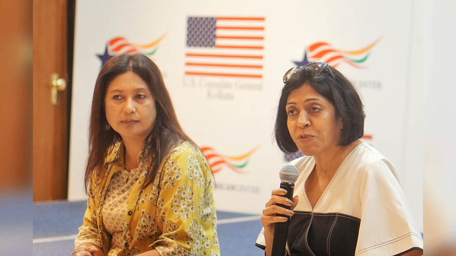 Anti-trafficking activist Hasina Kharbhih and (right) artist Leena Kejriwal during the question-and-answer session at the US Consulate Kolkata on Monday.