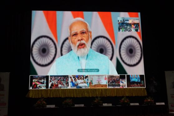 PM Narendra Modi addressing the newly inducted recruits via video conferencing  at the Rozgar Mela in Kolkata.
