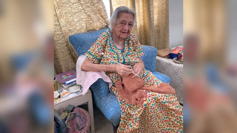 Knitting is an abiding hobby that continues apace as she keeps herself occupied making fashionable scarves for her grandchildren and sweaters for the great grandkids