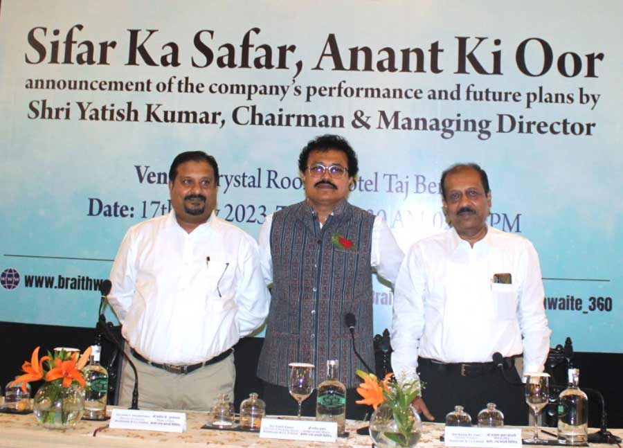 Braithwaite conducted a press meet on Wednesday at a five-star hotel in Kolkata to announce the company's performance and future plans. Chairman and managing director Yatish Kumar briefed the media about the performance of the company and its plans ahead. Braithwaite was established in Kolkata in 1913; subsequently nationalised in 1976 as a wholly owned Govt. of India Undertaking, currently under administrative control of the Ministry of Railways. Its product range includes manufacture of railway wagons, repairing/retro fitment of old wagons, structural steel bridges including civil jobs, manufacture of wagon components, O&M of railway workshop, crane manufacturing & services. It recently ventured into container manufacturing in line with ‘Atma nirbhar Bharat’, redevelopment of railway stations, installation of solar power projects etc 