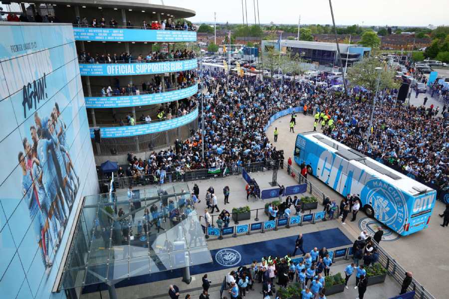 The Manchester City team bus arrives at the Etihad Stadium for the Real Madrid clash on Wednesday