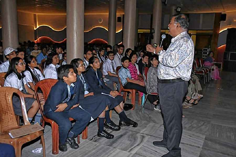Astrophysicist Debiprasad Duari gives a talk on the cosmos on the penultimate day of Bhavan’s National Integration Camp, 2023, on May 11.