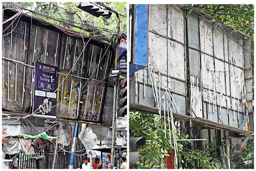 (Left) A broken billboard tilts dangerously on AJC Bose Road, near Nizam Palace, on Tuesday (Right) Tube lights hang dangerously from a hoarding at the crossing of Camac Street and Shakespeare Sarani on Tuesday