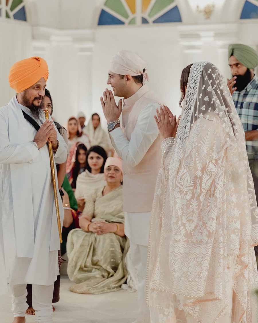 The newly engaged couple sought blessings from Jathedar of the Akal Takht Sahib, Singh Sahib Giani Harpreet Singh Ji.
