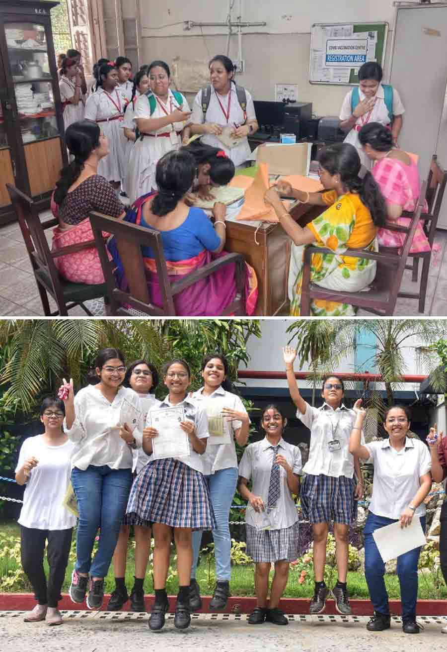 Results of the secondary examination conducted by the West Bengal Board of Secondary Education was declared on Friday. Altogether, 5,65,428 students cleared the Class X board exams. The overall pass percentage is pegged at 86.15%. This year, there are no students in the list of first rankers from Kolkata. In pictures, students of Bethune School and BSS School celebrate their success 