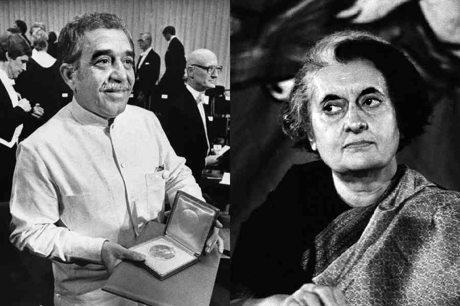 (Left) Marquez with his Nobel Prize for Literature in 1982 (Right) Indira Gandhi. 