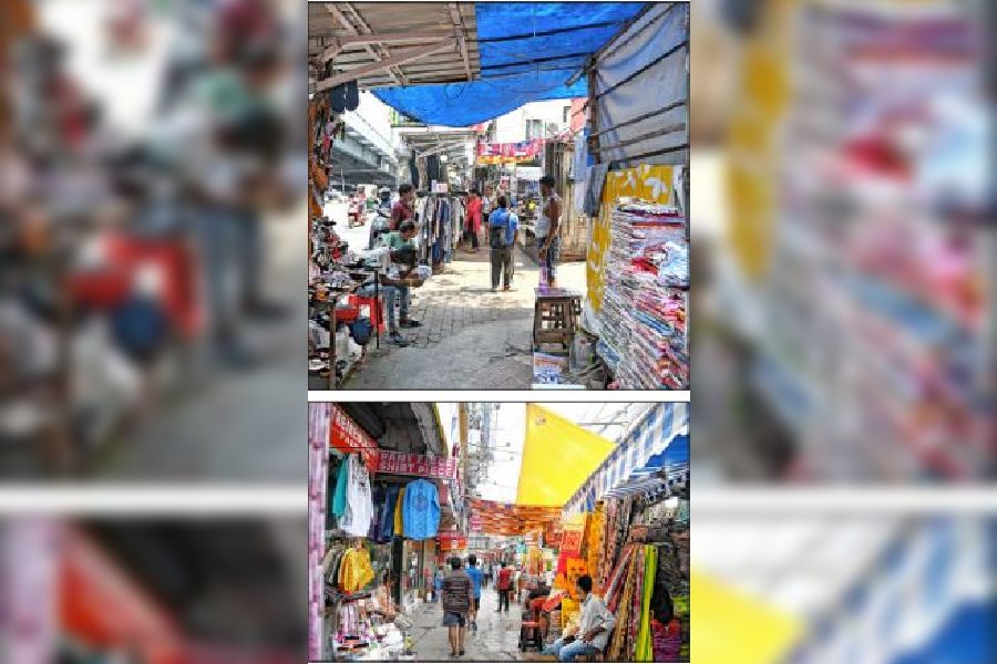 Plastic sheets over hawkers’ stalls on pavements in Gariahat on Sunday