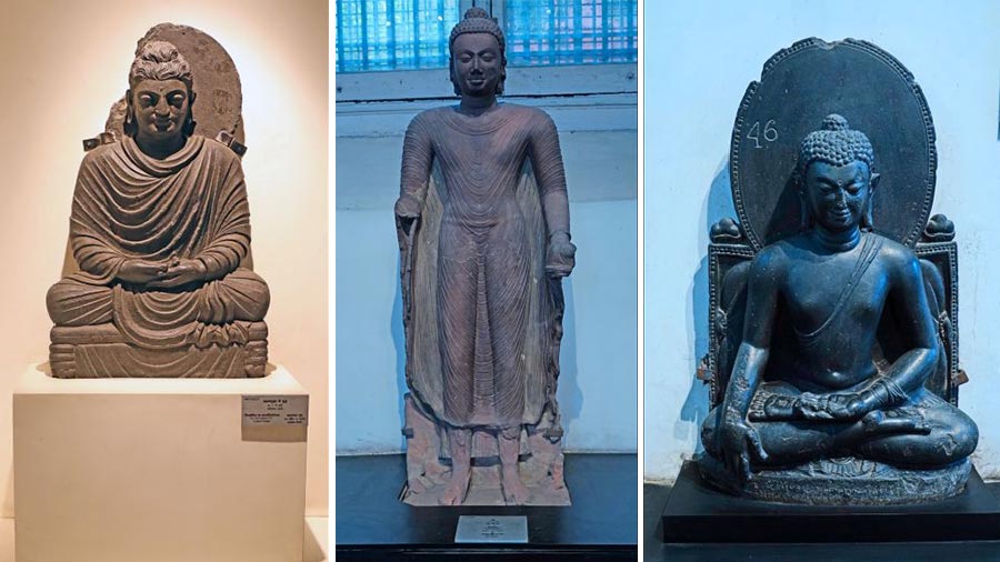 Statue of Buddha from different period and places - (L to R): Loriyan Tangai (2nd century), Mathura (3rd century) and Bihar (7th century)