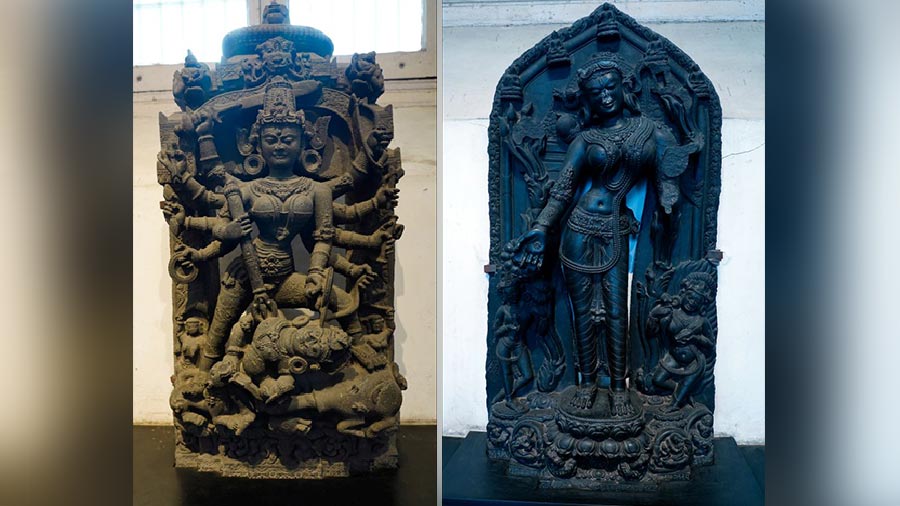 (L-R) Mahisasuramardini (12th century) made of chlorite and Manbhum Khadiravani Tara (10th century) made of basalt in Bihar 