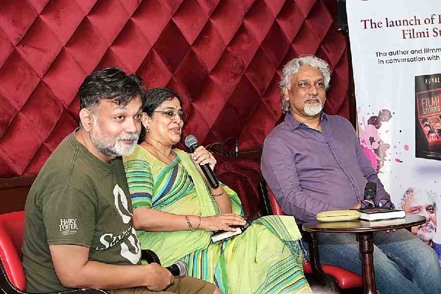 Kunal Basu (right) at the book launch at Trincas with director Srijit Mukherji and Malavika Banerjee