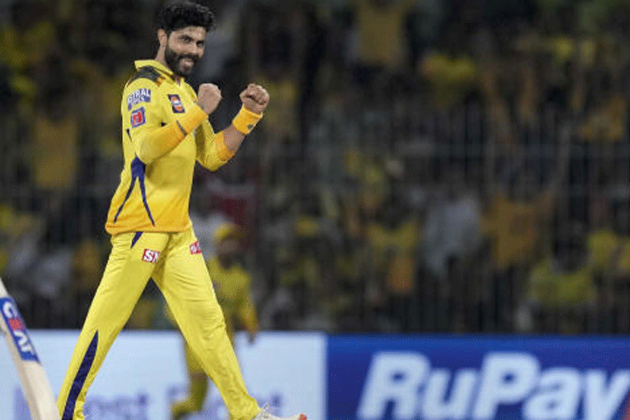 Ravindra Jadeja celebrates after dismissing Gujarat Titans’ Dasun Shanaka for this 150th IPL wicket on Tuesday.