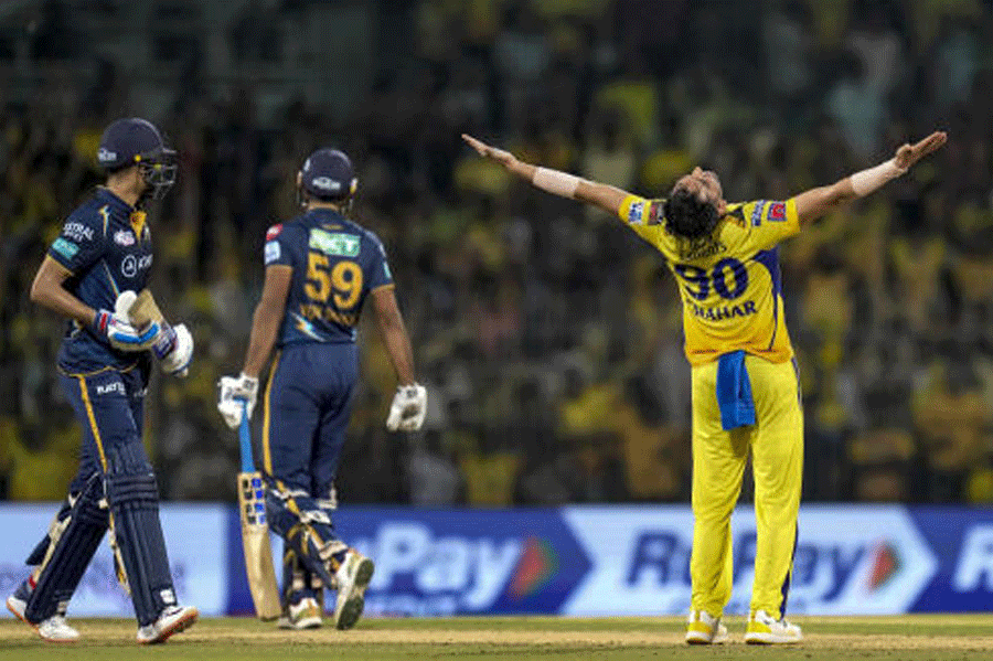 Deepak Chahar celebrates after dismissing Shubman Gill in Chennai on Tuesday.