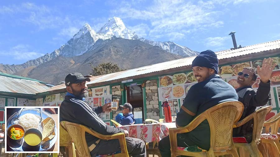  Lunch with my fellow trekkers at Somare (4010 metres), on our way to Dingboche. From Namche Bazaar we had proceeded to Phortse (3810 metres), where we spent the night. By next evening we reached Dingboche (4410 metres), where we spent our second acclimatisation day. (Inset) A typical Nepali lunch thali. The food options on the Everest Base Camp trek are meagre. This is what most trekkers have for lunch and dinner for the duration of the trek. It does not help that the altitude also affects your appetite