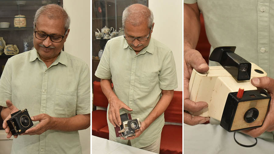 (Left) Bansal with the first camera he bought; (centre) the oldest camera his father left him; and (right) the first polaroid to ever be sold