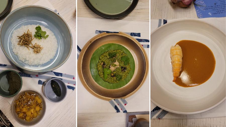 (Left) The Bata, Bhaja, a course featuring a ‘bata’ of mixed gourds, ‘kolmi shaak bhaja’, and a ‘hola’ with ‘kaachki maachh’; (centre) Escargot from the ‘pukur’ featuring a risotto-like rice flavoured with ‘thankuni pata’ along with mussels; (right) the Butter Poached Golda Chingri and Ghilu with a malai curry-inspired sauce