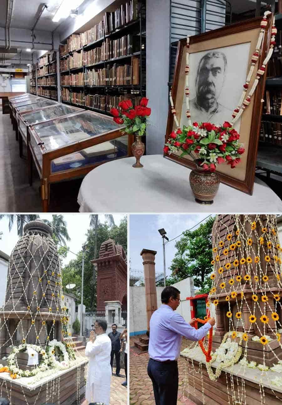 Kolkata mayor Firhad Hakim and director general of National Library, Ajay Pratap Singh, paid floral tributes to Sir Asutosh Mookerjee on his 99th death anniversary at Keoratala Burning Ghat at an event organised by the Asutosh Mookerjee Memorial Institute    