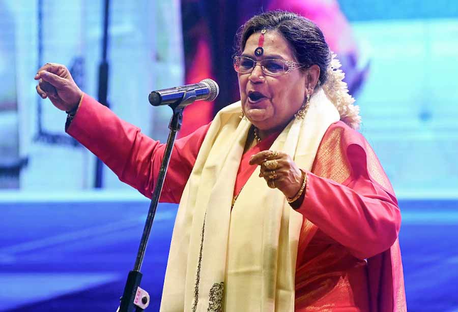 Singer Usha Uthup performs after receiving the 'JIS Maha Samman 2023' award in Kolkata on Thursday. Uthup was awarded for her contribution in the domain of music 