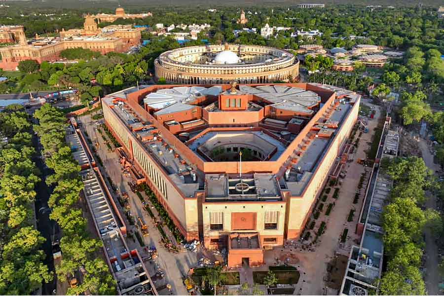 Parliament building Sengol, lotus and Peacock Inside India's new