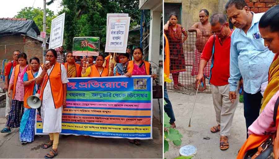 Kolkata Municipal Corporation frontline workers of the vector control team during an awareness programme at Ward 82, Borough number 9 on Saturday; (right) A KMC worker sprinkles disinfectants  