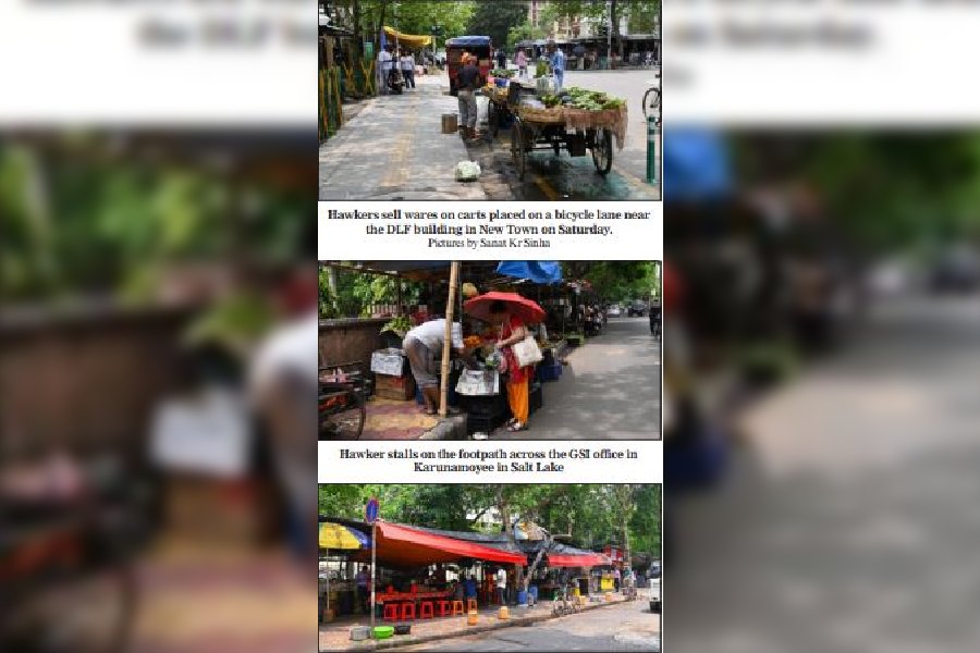 (Top to bottom) Hawkers sell wares on carts placed on a bicycle lane near the DLF building in New Town on Saturday; Hawker stalls on the footpath across the GSI office in Karunamoyee in Salt Lake; The footpath in front of the CGO complex in Salt Lake teeming with hawkers