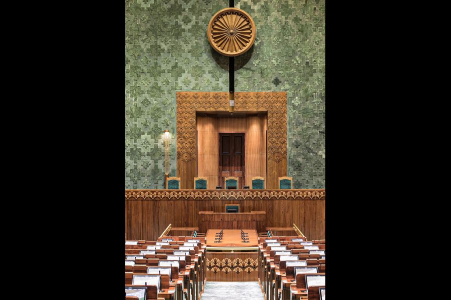 The Kesharia green stone has been procured from Udaipur, the red granite from Lakha near Ajmer and the white marble has been sourced from Ambaji in Rajasthan. The new Parliament building used manufactured sand or M-sand from Charkhi Dadri in Haryana for creating concrete mix for the construction activities.  M-Sand is considered environment friendly as it is manufactured by crushing large hard stones or granite and not by dredging of river beds.