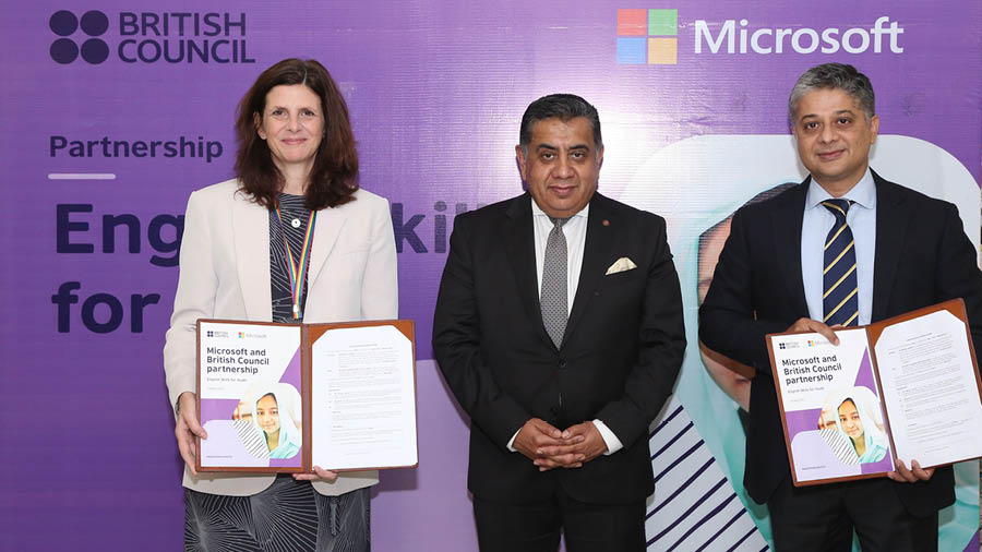 (From left) Alison Barrett MBE, director India, British Council, with Lord (Tariq) Ahmad, minister of the UK, and Navtez Bal, executive director, public sector, Microsoft India. 